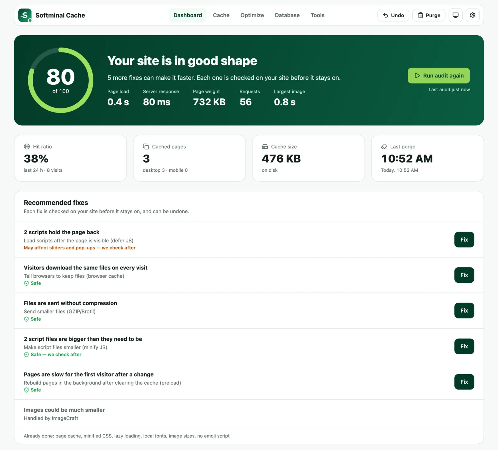 The Softminal Cache dashboard: site health score, cache size and recommended fixes