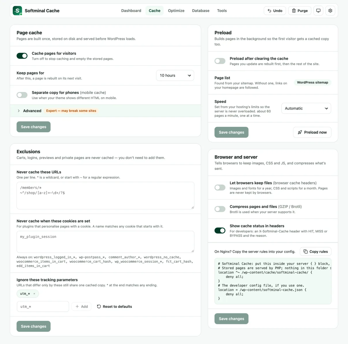 The Cache tab with page cache options